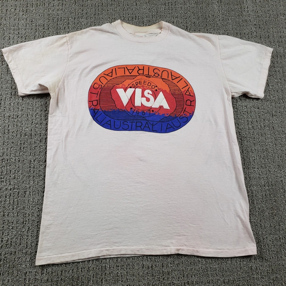 Speedo T-Shirt Mens XL White 1980s Visa Australia Puff Print Single Stitch USA